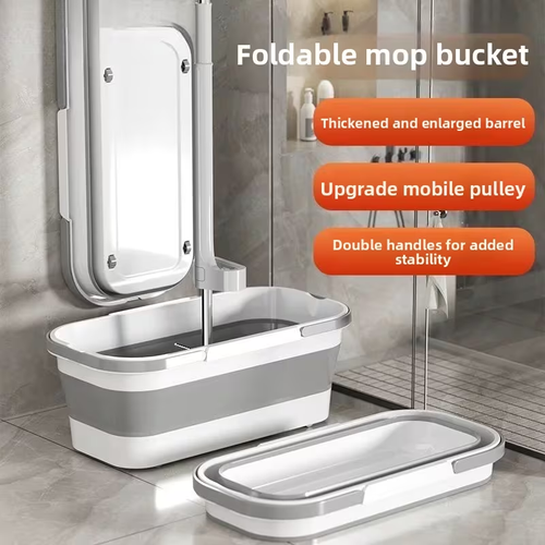 Hands-free flat mop and foldable multi-purpose bucket