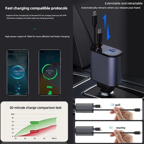 Retractable Car Charger with Starlight, 66W Starlight in Car roof 4 in 1 Retractable Car Phone Charger Adapter, Fast Charging USB C Cable, Compatible with iPhone