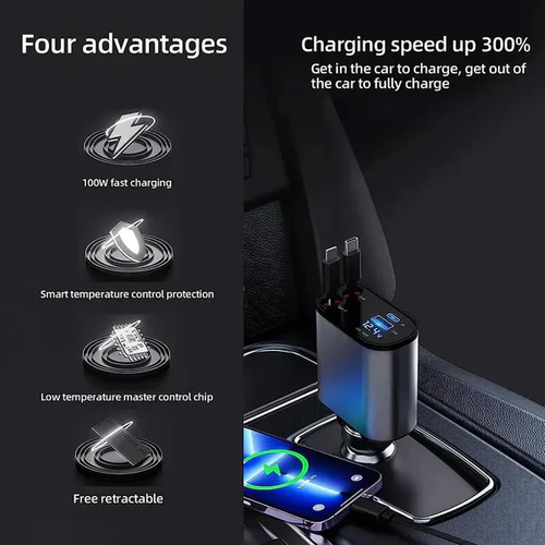 Retractable Car Charger with Starlight, 66W Starlight in Car roof 4 in 1 Retractable Car Phone Charger Adapter, Fast Charging USB C Cable, Compatible with iPhone