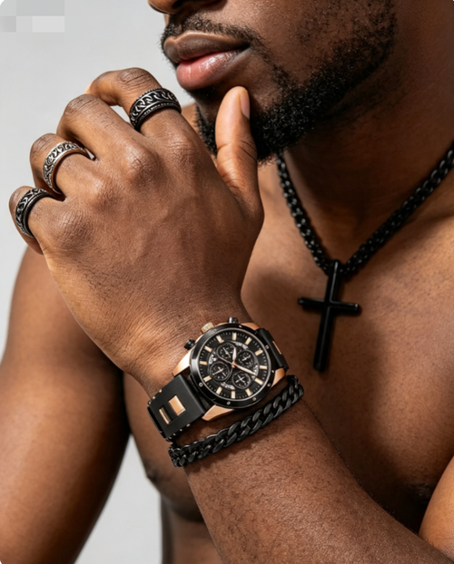 4pcs。set t Men's Business Casual Watch & Bracelet Set Calendar Display Men Bracelet Cross Necklace Luxury Watch for Men
