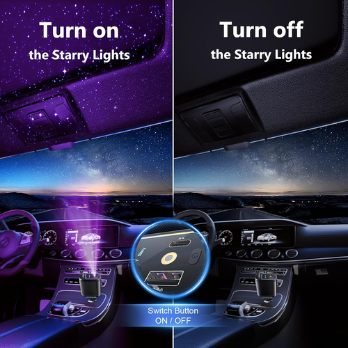Retractable Car Charger with Starlight, 66W Starlight in Car roof 4 in 1 Retractable Car Phone Charger Adapter, Fast Charging USB C Cable, Compatible with iPhone