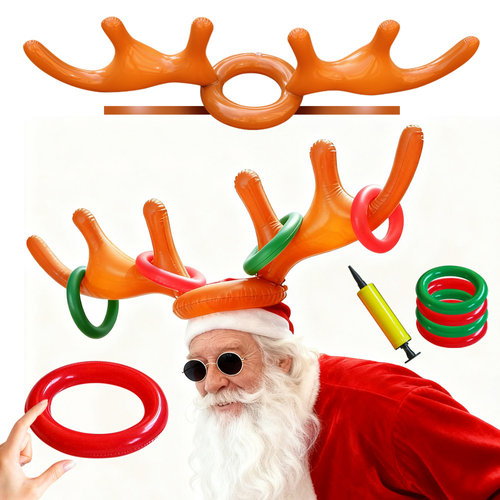 This inflatable reindeer antler ring toss game comes with a reindeer antler hat for throwing rings and includes a Christmas tree and two Santa Claus canes. It's perfect for Christmas, parties, family gatherings, birthdays, weddings, Halloween, and other occasions.