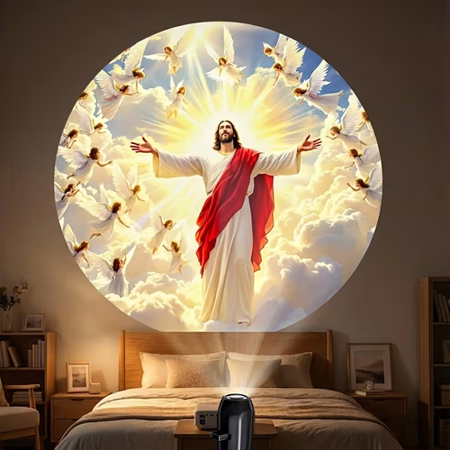 God and Jesus Pattern Projection Light, Six Interchangeable Patterns, Room Ceiling Background Decoration Light, 360° Rotating Portable USB Gadget, Creative Gift, God Bless, a Gift for Christian Enthusiasts.