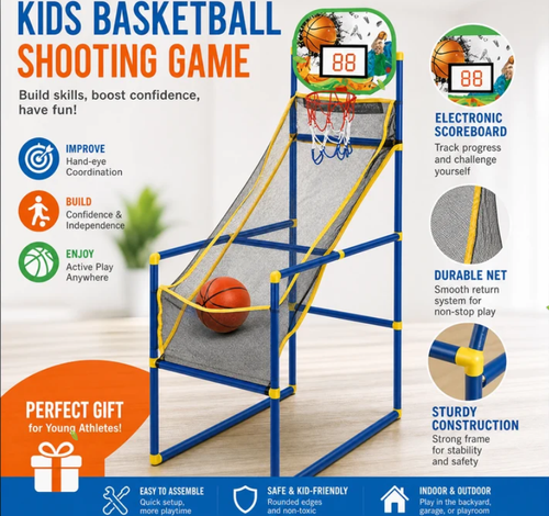 🥳2026 HOT SALE🥳💞50K  SOLD!🏀🎯 50% OFF Kids  Indoor Basketball Arcade Game  Auto ball return, sturdy  safe. 4 balls   pump included. Quick setup  endless fun! 🧒💨