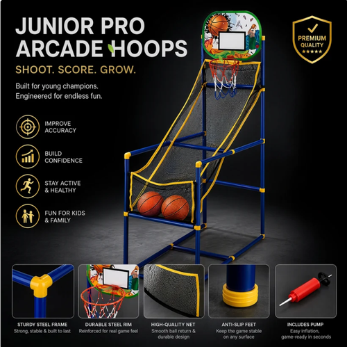 🥳2026 HOT SALE🥳💞50K  SOLD!🏀🎯 50% OFF Kids  Indoor Basketball Arcade Game  Auto ball return, sturdy  safe. 4 balls   pump included. Quick setup  endless fun! 🧒💨