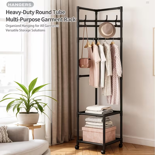 Portable Corner Space  Saving Garment Rack with Wheels   Freestanding Heavy  Duty Clothes, Sturdy Metal Frame Wardrobe Organizer Suitable for Bedroom, Cloakroom, Living Room  Assembly, Black  Modern Corner Clothes Rack