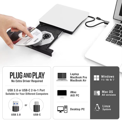 Portable External CD DVD Drive for Laptop, Plug & Play 5Gbps USB CD Drive