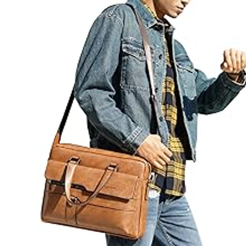 Vintage Leather Messenger Bag for Men Large PU Leather Laptop Briefcase Satchel Polyester Zipper Waterproof School Work Bag