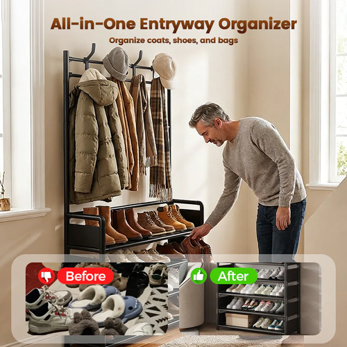 👟🧥 Multi-Functional Entryway Shoe & Coat Rack – 50% OFF! 2-in-1 storage for shoes & coats – keeps your entryway tidy and organized. 🔥🏠
