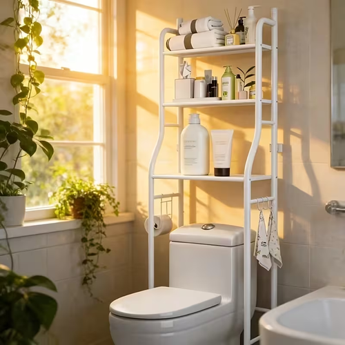 3-Tier Metal Bathroom Storage Rack, Space-Saving Over-the-Toilet Shelf Organizer with Frame, No-Drill Setup for Small Spaces, Toilet Storage Solutions | Minimalistic Design | No-Drill Setup, Bathroom Organizer And Storage, Business Vertical Rack