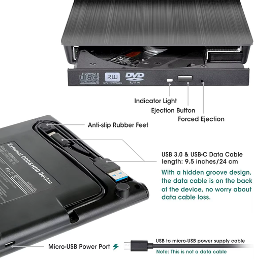 Portable External CD DVD Drive for Laptop, Plug & Play 5Gbps USB CD Drive
