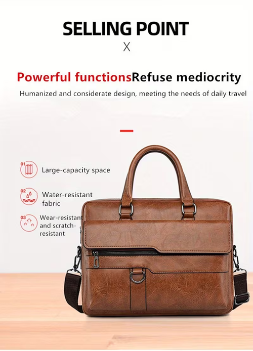 Vintage Leather Messenger Bag for Men Large PU Leather Laptop Briefcase Satchel Polyester Zipper Waterproof School Work Bag