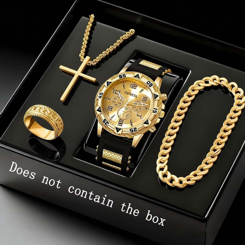 4pcs。set t Men's Business Casual Watch & Bracelet Set Calendar Display Men Bracelet Cross Necklace Luxury Watch for Men