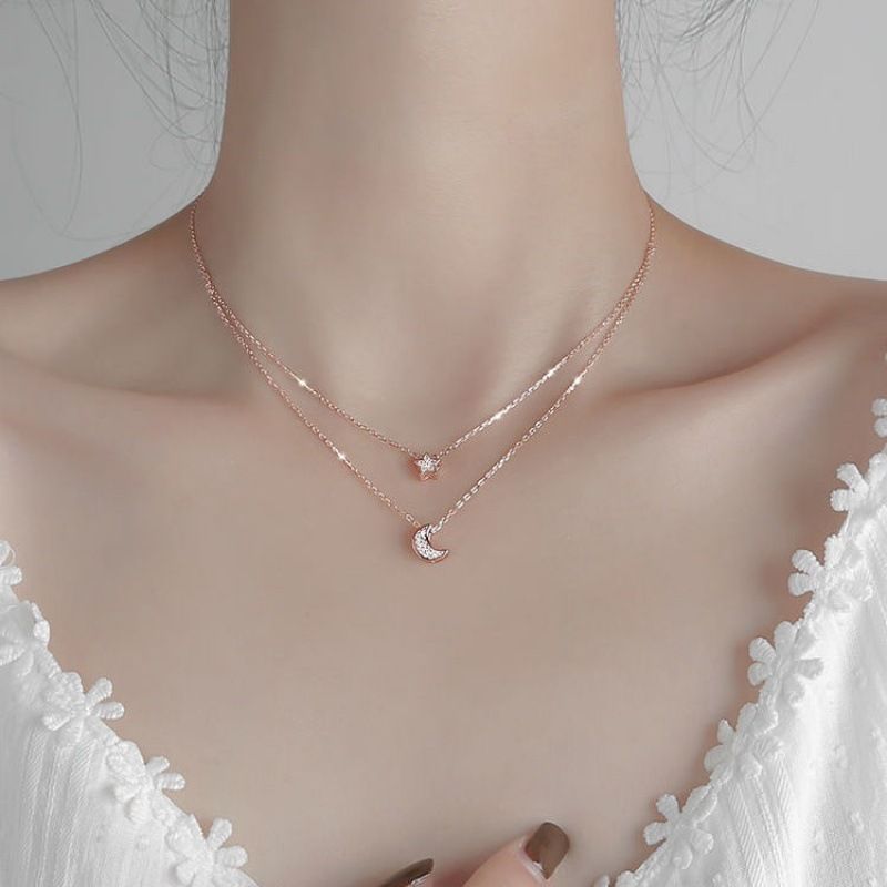 Double Necklace Female 925 Sterling Silver Shiny Star Moon Pendant Simple Clavicle Chain High Jewelry Party Wedding Accessories