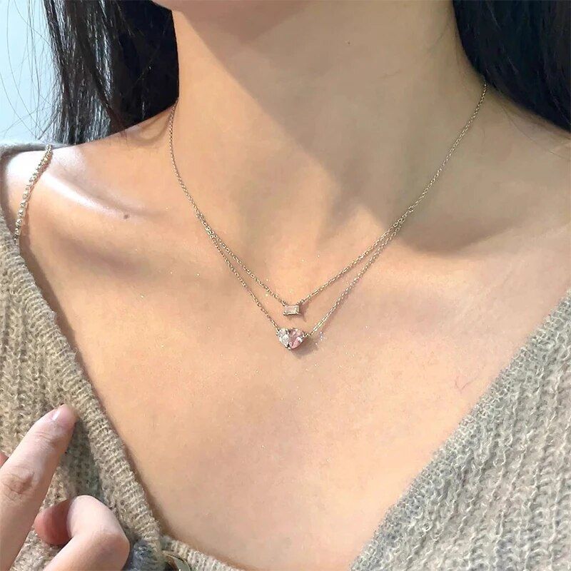 925 Sterling Silver Double Layer Clavicle Chain for Women Fashion Pink Diamond love Pendant Necklace Fine Jewelry Accessories