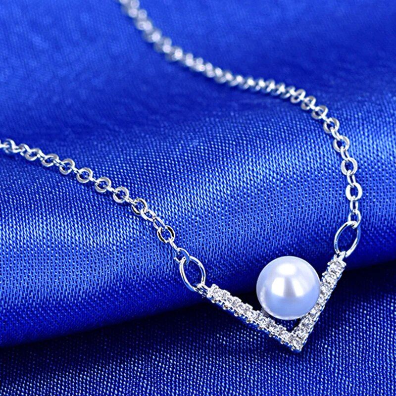 New 925 Sterling Silver Pearl Necklace V-shaped Geometric Pendant Shiny Zircon Short Collar Chain Fashion Jewelry Birthday Gift