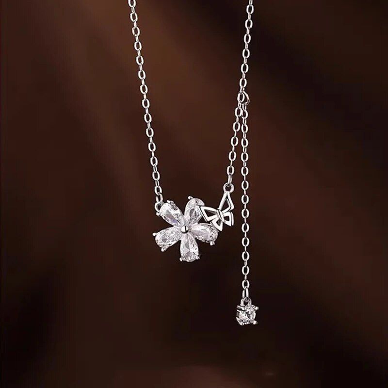 Summer Hot Selling New Product 925 Sterling Silver Butterfly Long Tassel Necklace Flower Zircon Pendant Women's Fashion Jewelry