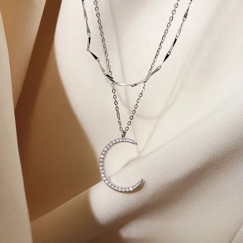 925 Sterling Silver Double Moon Necklace Shiny Zircon Clavicle Chain Ladies Exquisite Collar To Send Friends Wedding Jewelry