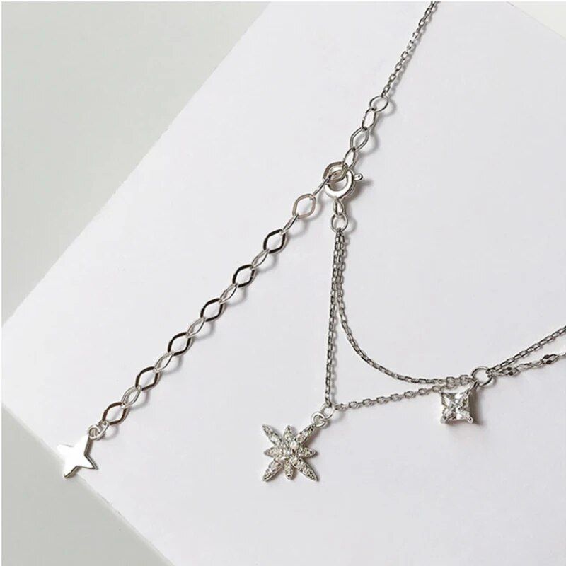 New 925 Silver Flash Diamond Star Double Necklace Female Simple Clavicle Chain Fashion Tassel Chain Wedding Jewelry Party Gift