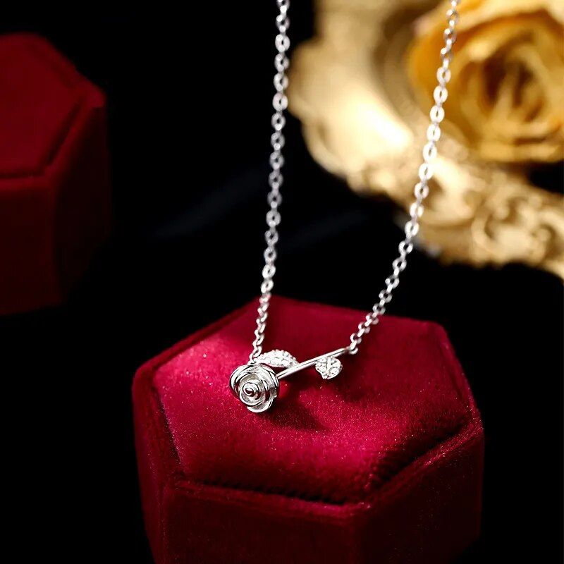 925 Sterling Silver Rose Blossom Necklace Sparkling Zircon French Collar Chain Accessories Holiday Gift for Girlfriend