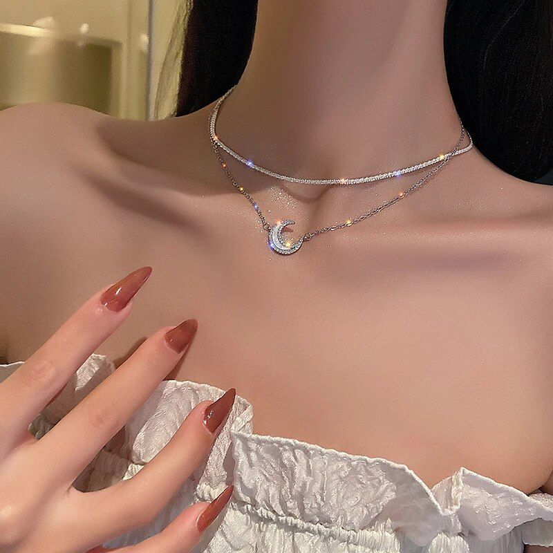 Popular 925 Sterling Silver Shiny Double-layer Clavicle Chain Moon Necklace Women's Exquisite Jewelry Wedding Birthday Gift