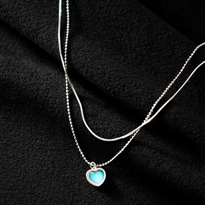 Fashion 925 Sterling Silver Double Layer Moonlight Stone Necklace Sparkling Heart shaped Pendant Collar Chain Feminine Jewelry