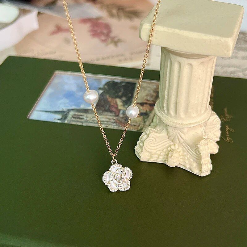 925 Sterling Silver Flower Pearl Necklace Shiny Zircon Pendant Women's Sweater Chain Simple Collar Chain Birthday Gift Jewelry