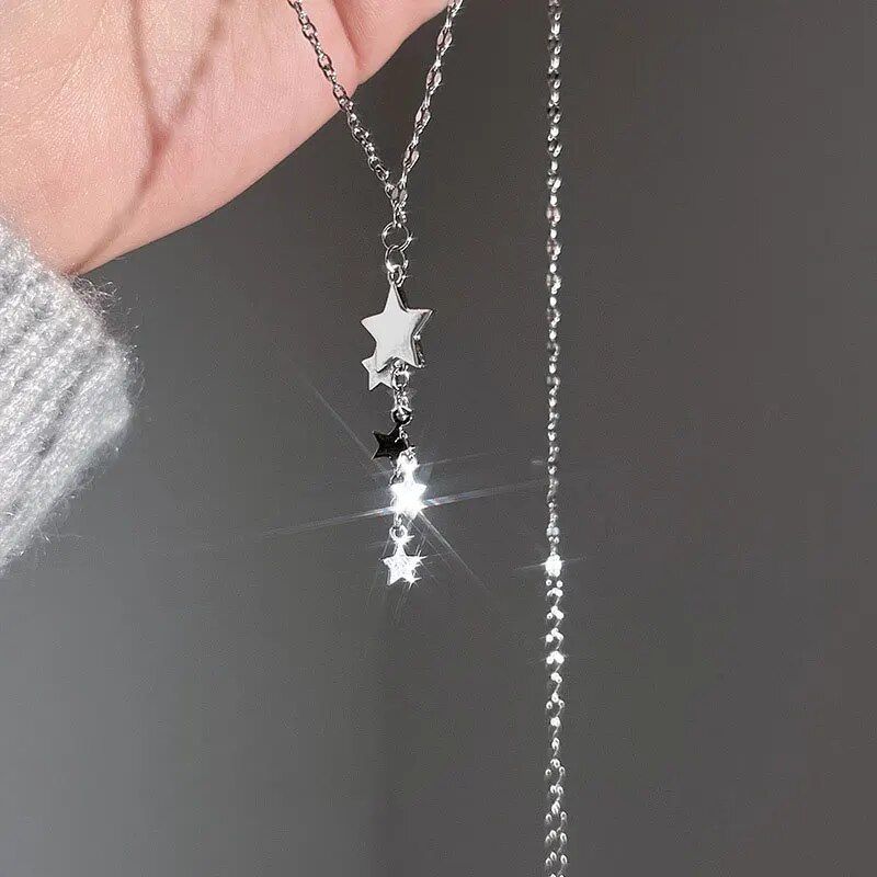 925 sterling silver star tassel necklace personality cool Korean version long Pentagram clavicle chain charm pendant jewelry