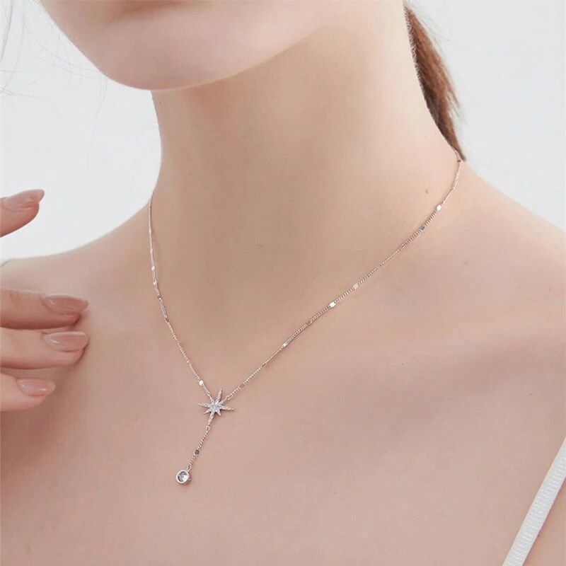 925 Sterling Silver Octagon Star Necklace, Feminine Style, Simple Neckchain, Star Tassel Collar Chain, Luxury Jewelry Party Gift