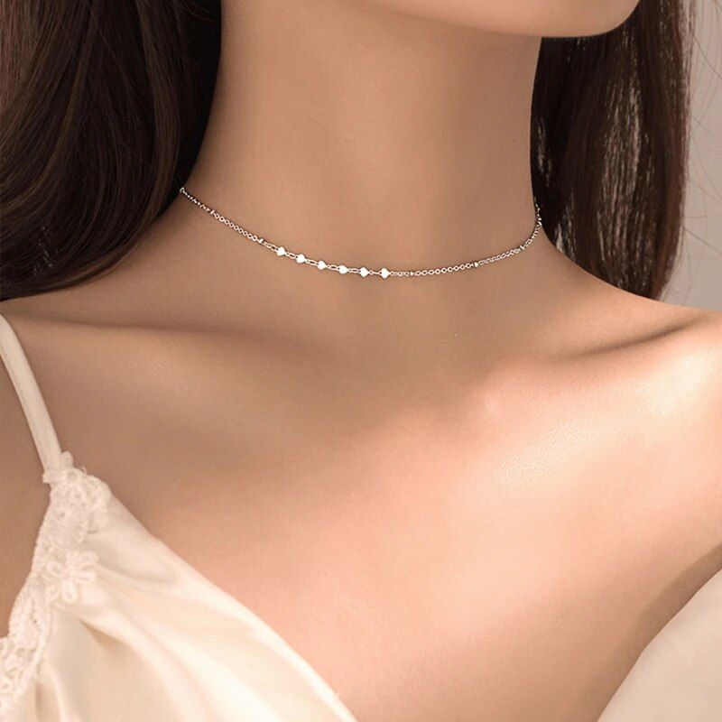 Simple 925 sterling silver Peach Heart Choker Necklace Shiny round beads clavicle chain For Women Fine Jewelry Birthday Gift