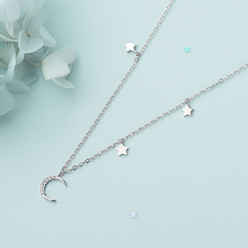 Cute 925 Sterling Silver Luminous Star Necklace Shiny Zircon Moon Pendant Woman Exquisite Jewelry Birthday Gift Surprise