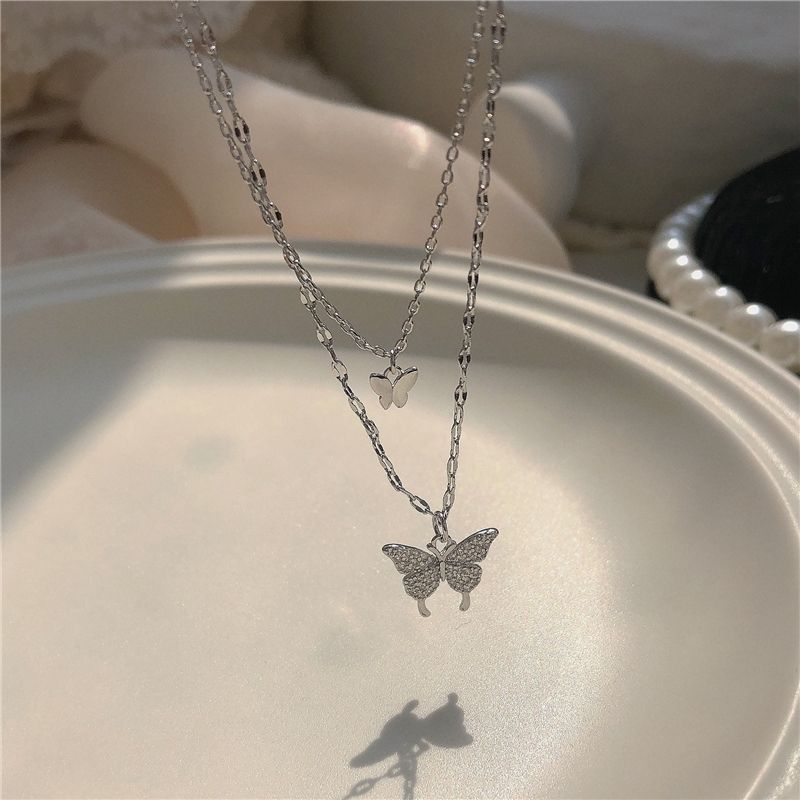 925 Sterling Silver Double-layer Butterfly Flashing Diamond Necklace Cute Pendant Clavicle Chain Female Exquisite Jewelry Gift