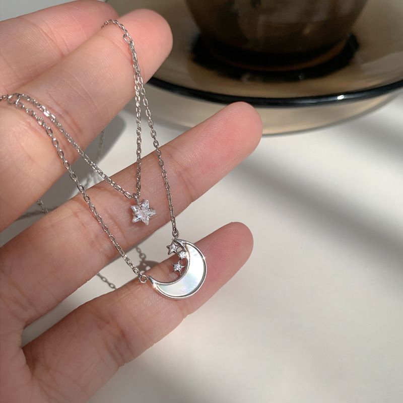 925 Sterling Silver Double Layer Shell Star Moon Pendant Necklace for Women Clavicle Chain Versatile Jewelry Girls Gifts