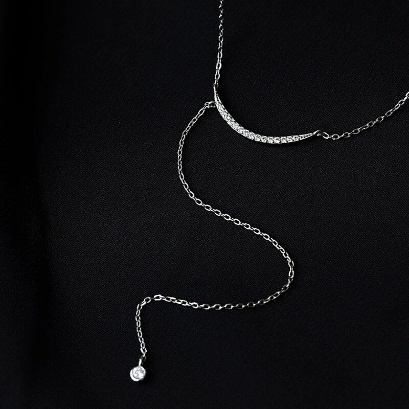 New 925 Sterling Silver Crescent Necklace Female Long Tassel Beads Clavicle Chain Simple Collar Wedding Party Jewelry Gift