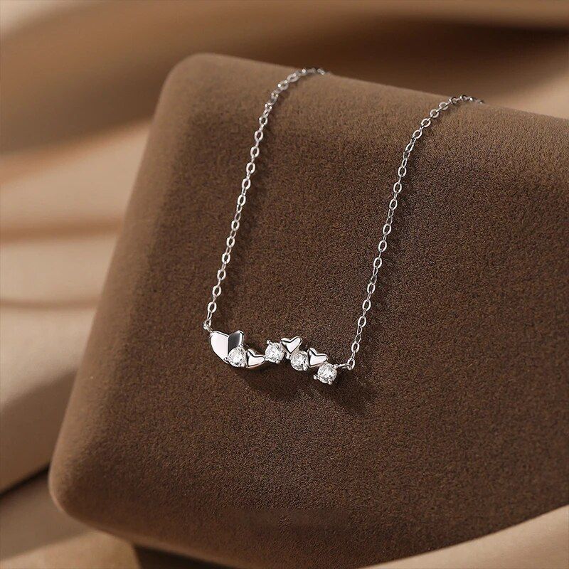 925 Sterling Silver Sparkling Diamond Zircon Heart Necklace Short Heart to Heart Collar Chain Small and Sweet Necklace Jewelry