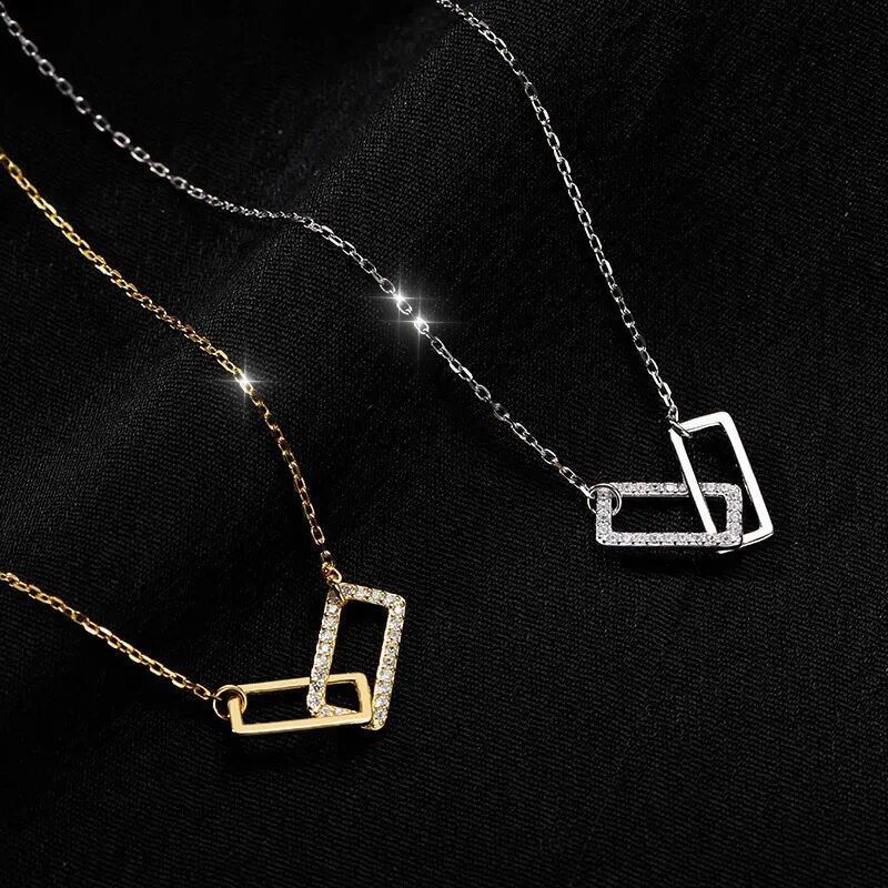 personality 925 Sterling Silver Shiny Rectangle Double Zircon Pendant CZ Zirconia Necklaces Clavicle chain For Girl Jewelry Gift