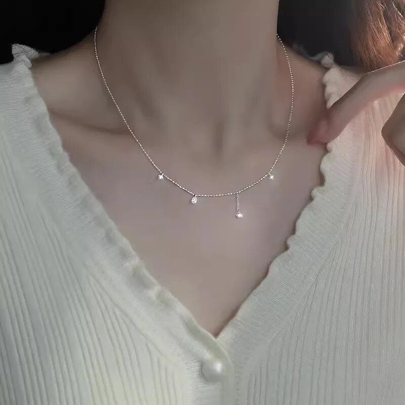 925 Sterling Silver Star Necklace Sparkling Zircon Droplet Pendant Round Bead Tassel Collar Chain Birthday Gift Fashion Jewelry