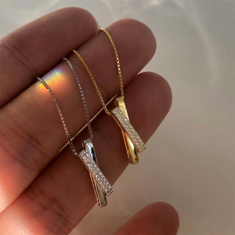 Brand New 925 Sterling Silver Irregular Geometry Necklace Shiny Zircon Cross Adjustable Clavicle Chain Woman Fashion Jewelry