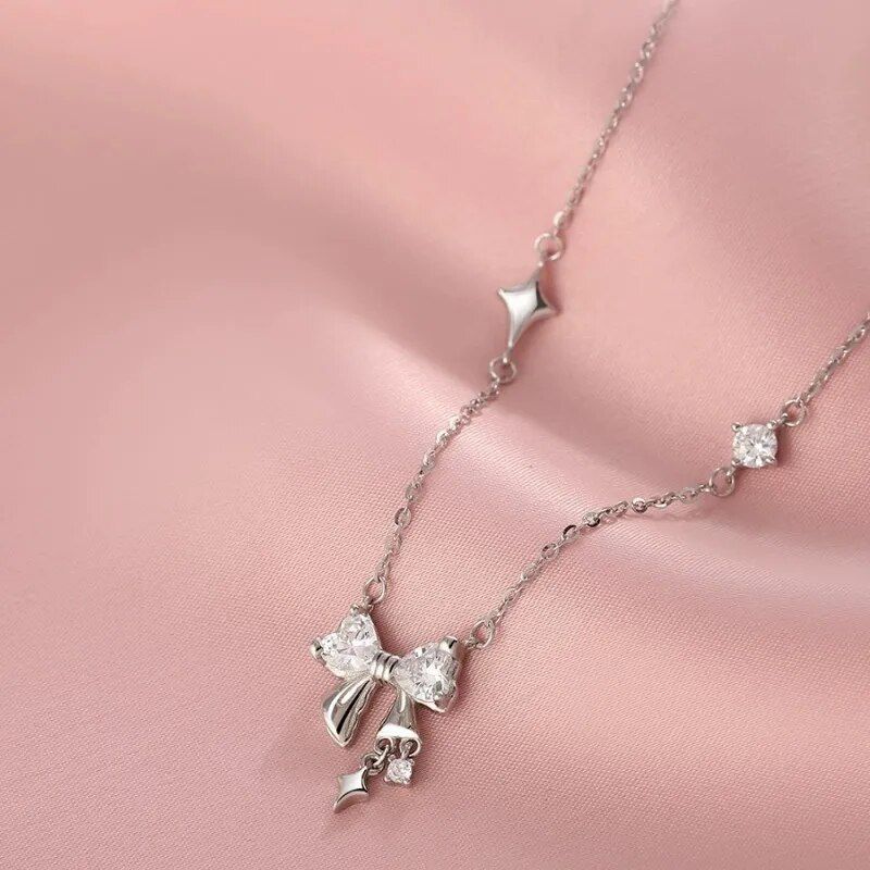 S925 Sterling Silver Super Sparkling Diamond Bow Necklace for Women  Star Collar Chain Fine Jewelry Accessories