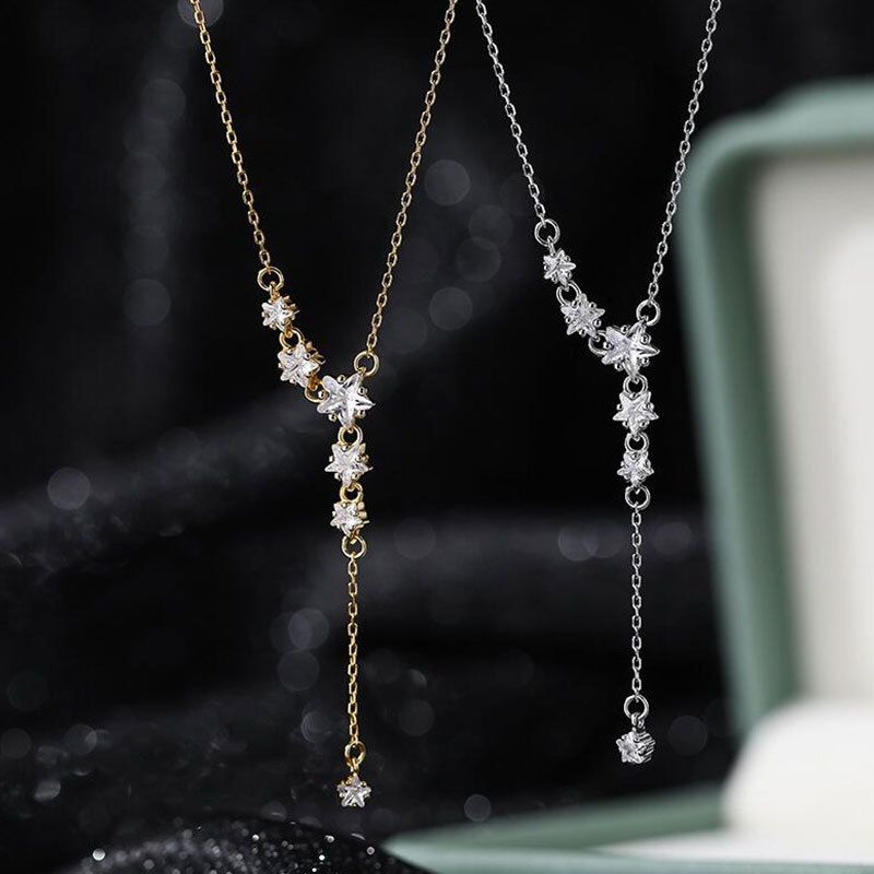 925 Sterling Silver Star Necklace Sparkling Zircon Sky Star Necklace Star Tassel Collar Chain Women's Luxury Elegance Jewelry