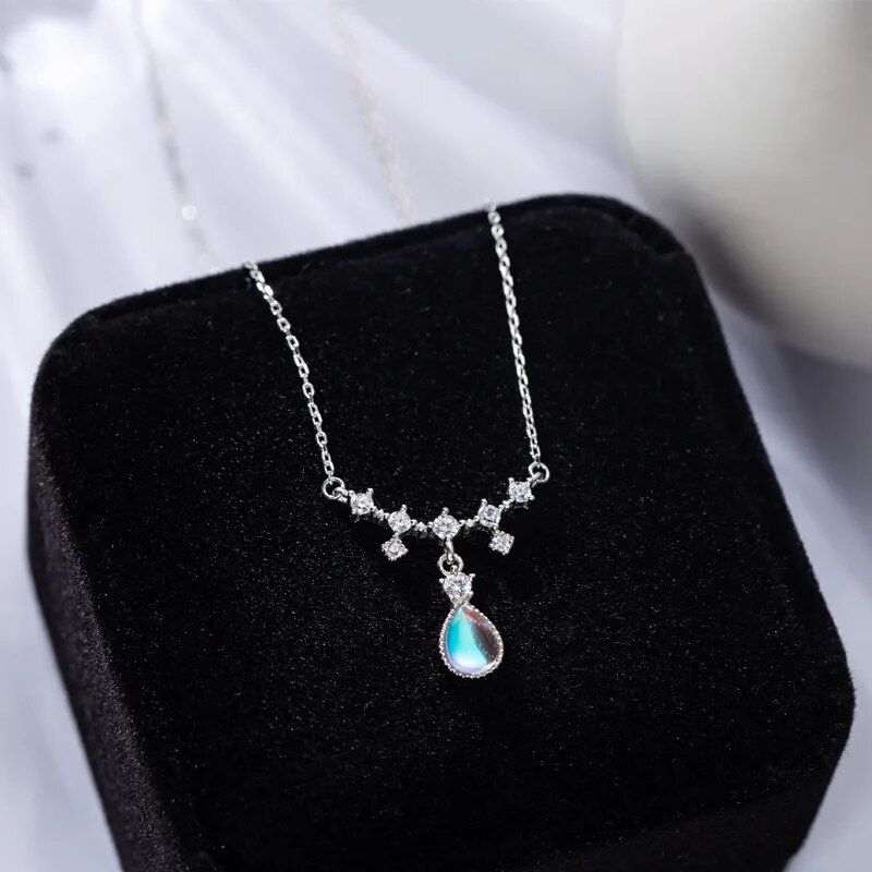 925 Sterling Silver Blue Droplet Necklace Women's Exquisite Collar Chain Moonlight Stone Pendant Summer Jewelry Birthday Gift