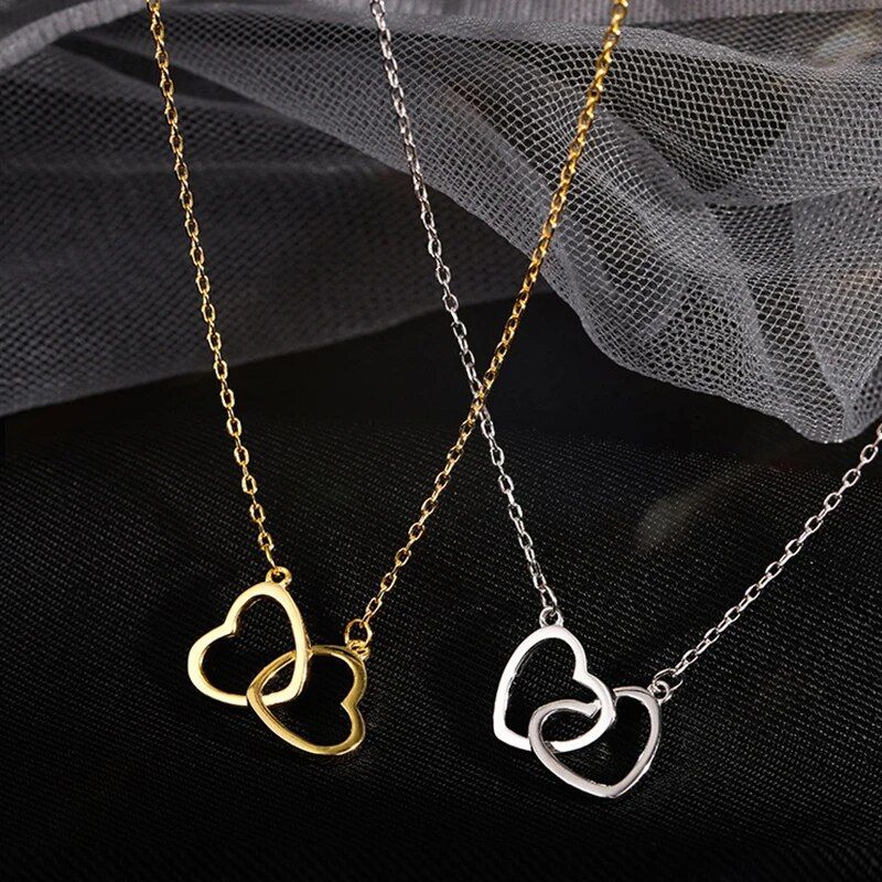 New 925 Sterling Silver Double Ring Heart Necklace Female Simple Temperament Clavicle Chain Heart Pendant Birthday Gift Jewelry