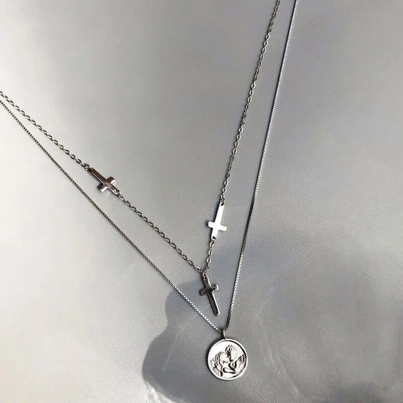 Vintage Round Label Necklace 925 Sterling Silver Double Layer Cross Necklace Men's and Women's Personalized Hip Hop Collar Chain