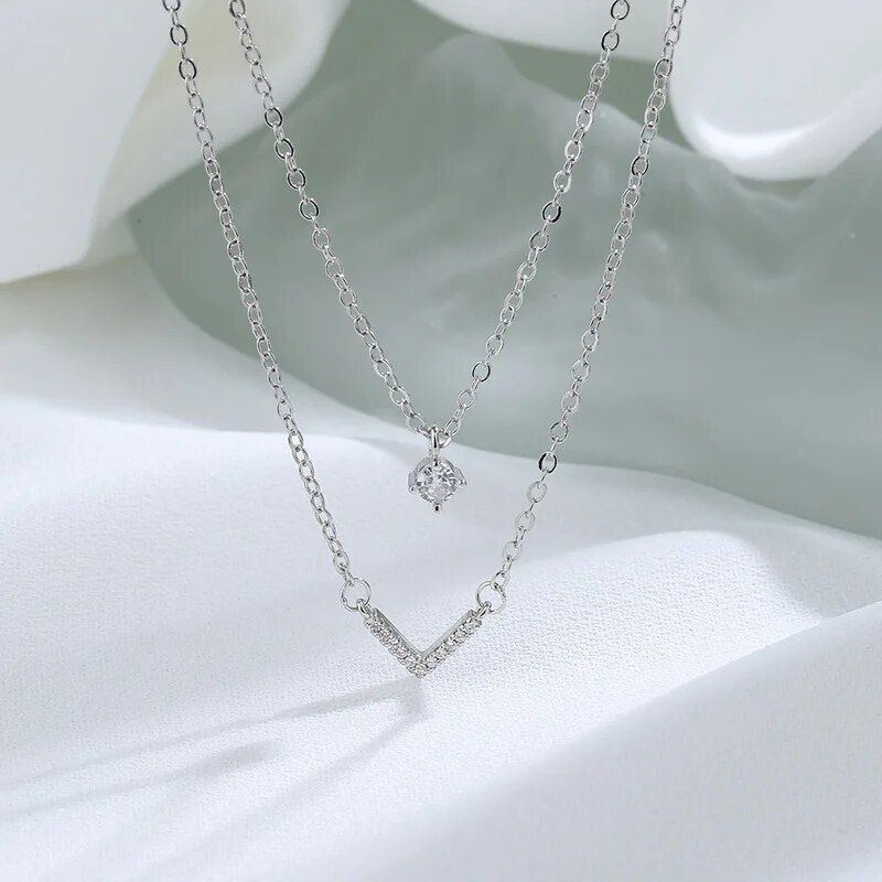 Fashion 925 Sterling Silver Double Layer Necklace Simple V Pendant Clavicle Chain Shiny Zircon Necklace Women's Wedding Jewelry