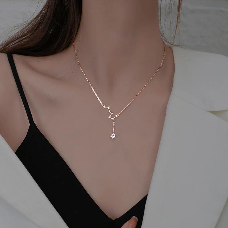 925 Sterling Silver Big Dipper Necklace Flash Diamond Pendant Tassel Clavicle Chain Female Simple Temperament Jewelry Party Gift