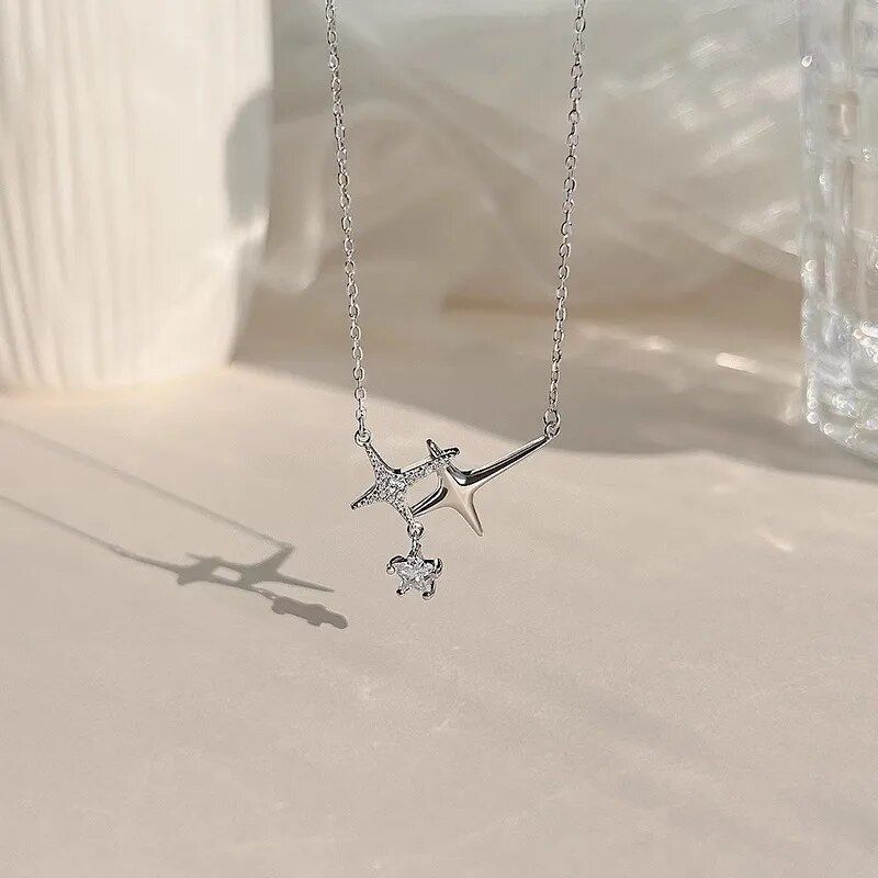 Hot selling 925 sterling silver four pointed star necklace cross tassel sparkling diamond collarbone chain luxury jewelry