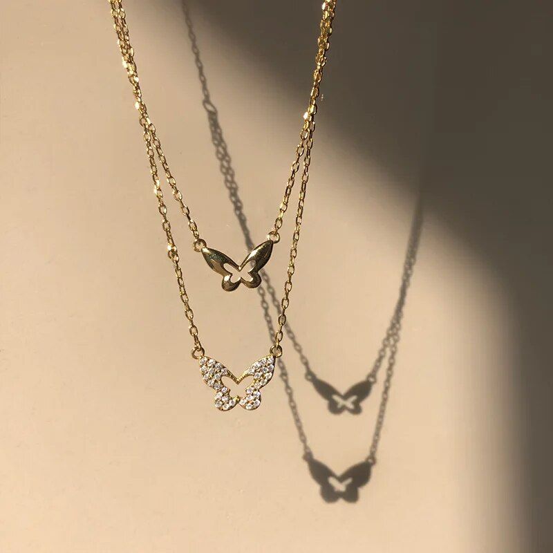 925 Sterling Silver Double Layer Necklace Shiny Zircon Butterfly Pendant Ladies Clavicle Chain Wedding Jewelry Accessories