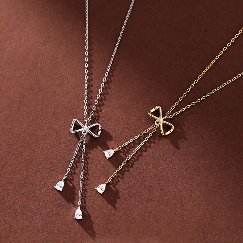 Fashion 925 Sterling Silver Bow Necklace Shiny Zircon Tassel Temperament Clavicle Chain Ladies High Jewelry Party Birthday Gift