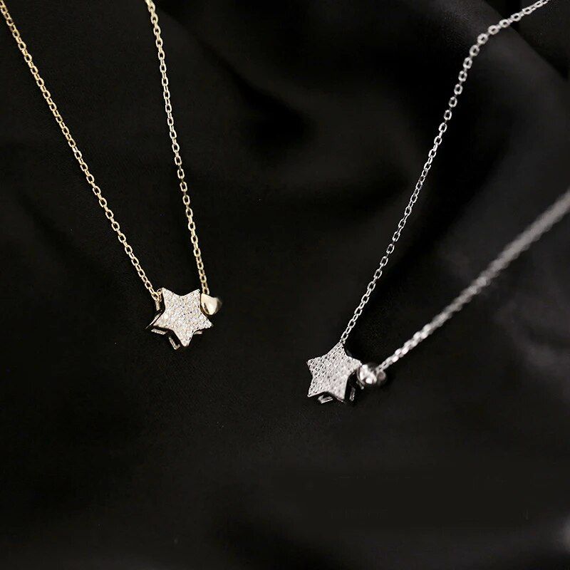 Birthday Gift 925 Sterling Silver Cute Shiny Star Collar Pendant Flashing Diamond Necklace Woman Charm Jewelry Wedding Party Gif