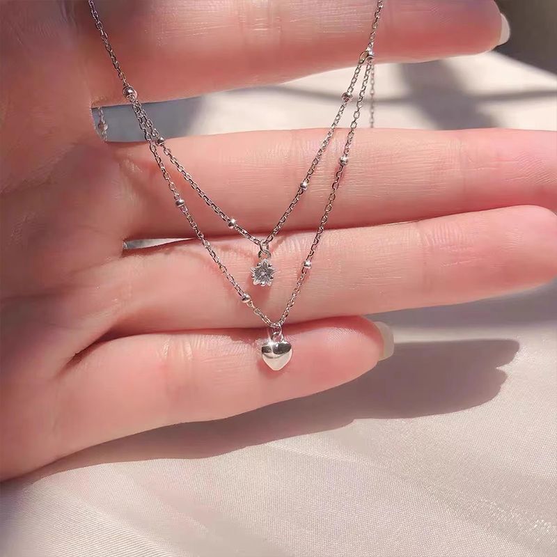 925 Sterling Silver Double Layer Star Sparkling Diamond Necklace Temperament Small Ball Heart Collar Chain Wedding Jewelry